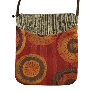 MARUCA Tapestry Crossbody Bag Orange Circles Print Handmade in the USA Tan Zip